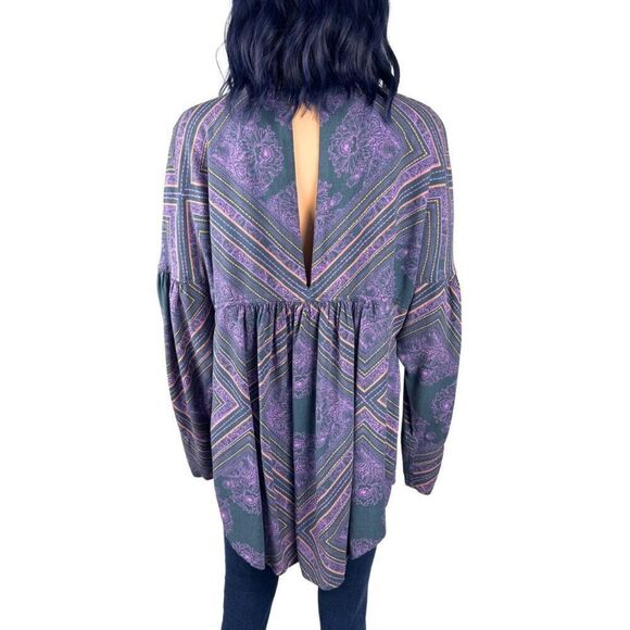 Free People Walking On A Dream Tunic L Purple Floral Keyhole Boho Festival Top - Picture 5 of 6